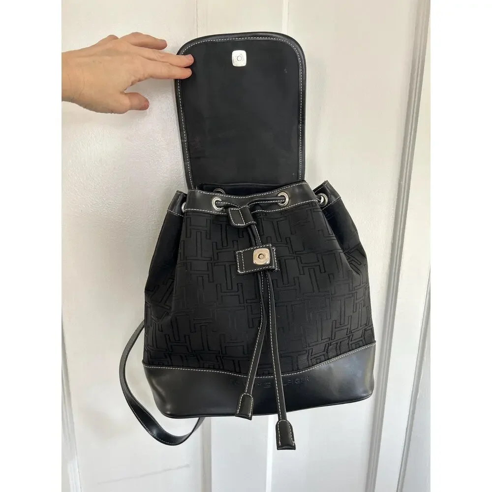 Vintage 1990s Black Mini Backpack Purse | Faux Leather Trim 90s Tommy Hilfiger